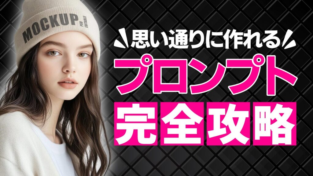ニット帽をかぶった女性の写真に、『思い通りに作れる プロンプト完全攻略』という文字を重ねたAI画像生成系YouTubeサムネイルの作例。フリーフォントの『源暎Nuゴシック』を使用しています。(サムネイルデザイナーおもち制作)