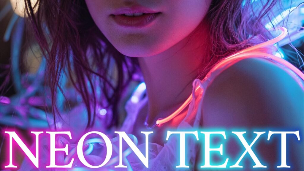 ピンクや青のネオンライトに照らされた女性の写真に、『NEON TEXT』という文字を重ねた、テキストエフェクトを紹介するYouTubeサムネイルの作例。フリーフォントの『源暎ノンブル』を使用しています。(サムネイルデザイナーおもち制作)