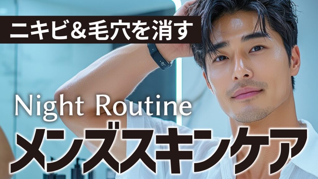 鏡の前で髪を整える肌の綺麗な男性の写真に、『ニキビ&毛穴を消す Night Routine メンズスキンケア』という文字を重ねたメンズ美容・スキンケア系YouTubeサムネイルの作例。フリーフォントの『コーポレート・ロゴ ver2』を使用しています。(サムネイルデザイナーおもち制作)