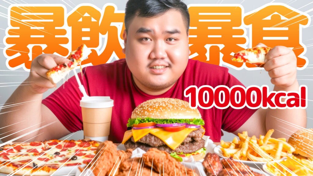 ピザやハンバーガーなど大量のジャンクフードを前にした男性の写真に、『暴飲暴食10000kcal』という文字を重ねた大食い系YouTubeサムネイルの作例。フリーフォントの『Rounded Mplus 1c』を使用しています。(サムネイルデザイナーおもち制作)