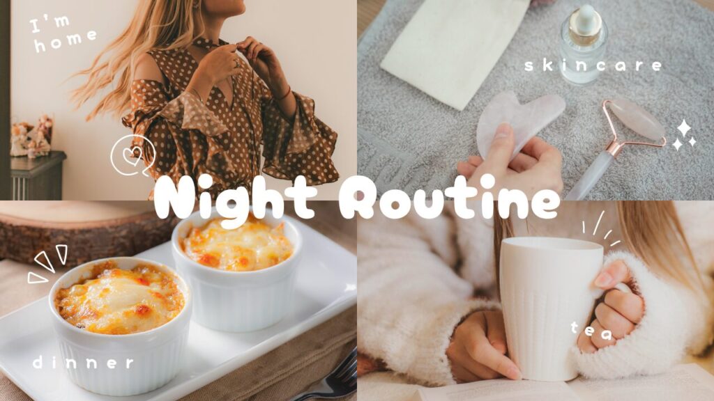 帰宅後の様子、夕食、スキンケア、ティータイムの4つのシーンをコラージュし、『Night Routine』という文字を重ねたライフスタイル系YouTubeサムネイルの作例。フリーフォントの『Cherry Bomb One Regular』を使用しています。（サムネイルデザイナーおもち制作）