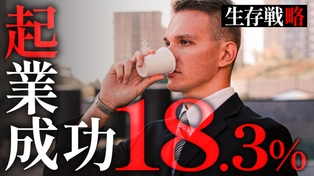 スーツ姿で紙コップの飲み物を飲む男性の写真に、『起業成功 18.3%』という文字を重ねたビジネス系YouTubeサムネイルの作例。フリーフォントの『しっぽり明朝』を使用しています。(サムネイルデザイナーおもち制作)