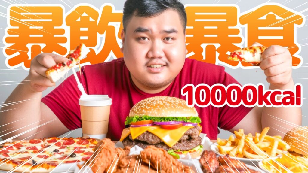 ピザやハンバーガーなど大量のジャンクフードを前にした男性の写真に、『暴飲暴食10000kcal』という文字を重ねた大食い系YouTubeサムネイルの作例。フリーフォントの『Rounded Mplus 1c』を使用しています。（サムネイルデザイナーおもち制作）